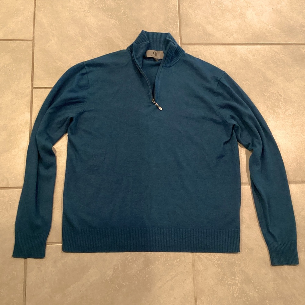 Qi New York Cashmere Wool Sweater 1/4 Zip Blue Aqua